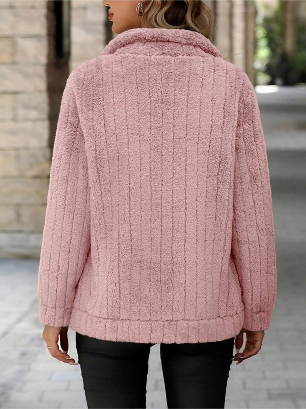 Women's Pink Red Full Zip Stand Collar Fleece Sherpa Pockets long sleeve Jacket - Picture 6 of 6